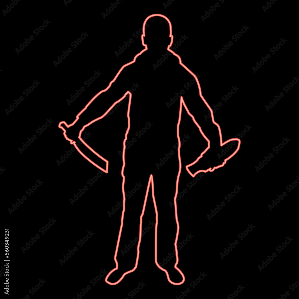 Neon man with sword machete remove sheath scabbard Cold weapons in hand military man Soldier Serviceman in positions Hunter with knife Fight poses Strong defender Warrior concept Weaponry Stand red 