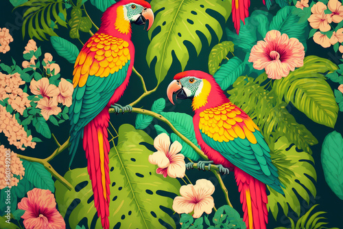 tropical tree pattern with tropical plants and parrots. Flowers of hibiscus, blooming ginger, strelitzia and Orchid, protea, palm leaves. Created with Generative AI technology.