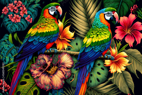 Seamless pattern of parrots on the tropical branches with chinese roses, tropical leaves and flowers. Created with Generative AI technology.