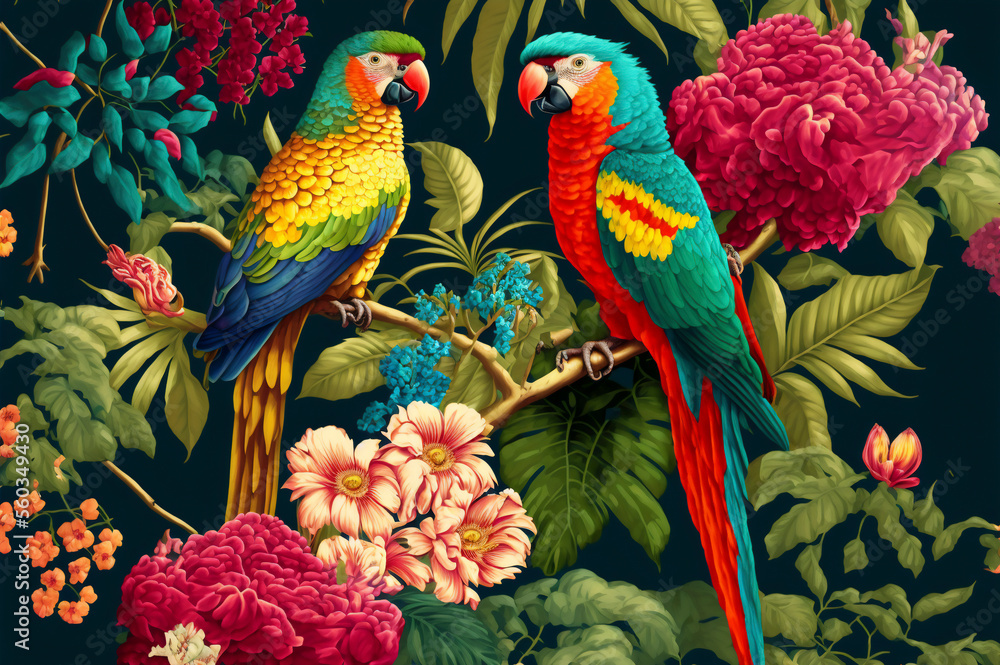 Seamless pattern of parrots on the tropical branches with chinese roses, tropical leaves and flowers. Created with Generative AI technology. Seamless pattern of parrots on the tropical branches with chinese roses, tropical leaves and flowers. Created with Generative AI technology.