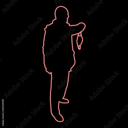 Neon man hold face medical mask in hand arm wearing Personal dust protective equipment concept Virus Coronavirus influenza flu outbreak prevention quarantine Protect from air pollution red color 