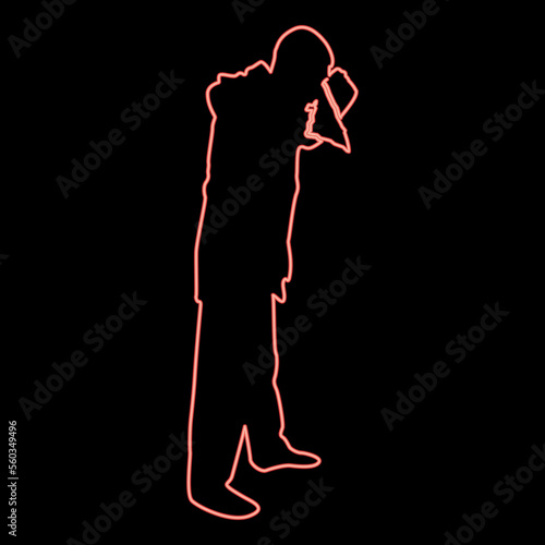 Neon man is blow one's nose into handkerchief tissue paper Cough Rhinitis Allergies concept Sneezing Runny nose Snot highlighted Male smoky blowing orcue Hay fever red color vector illustration image 