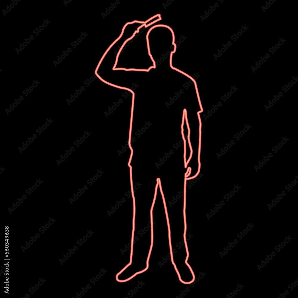 Neon man is combing hair use hairbrush Front view red color vector illustration image flat style