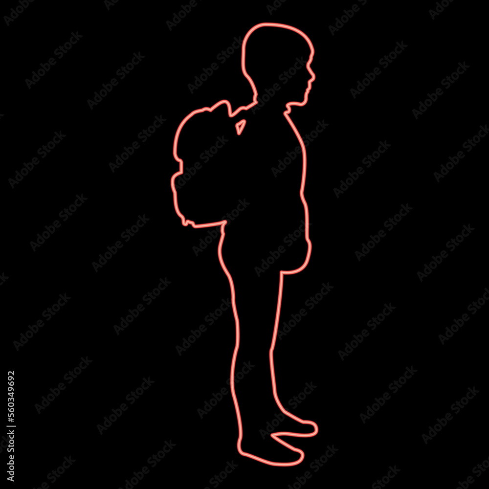 Neon schoolboy with backpack Pupil stand carrying on back Going to school concept Come back to school idea education Preschooler rucksack first September start lessons knapsack Side view red color 