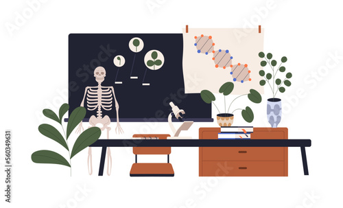 Biology classroom with skeleton, blackboard, chalkboard, table, microscope. Empty school class room for Natural Science subject, lesson study. Flat vector illustration isolated on white background