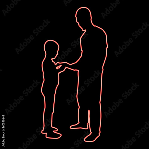 Neon man transmits thing to boy Father Male give book gadget smartphone son children take something Dad relationship Family concept Child friendship toddler daddy red color vector illustration image  © Serhii