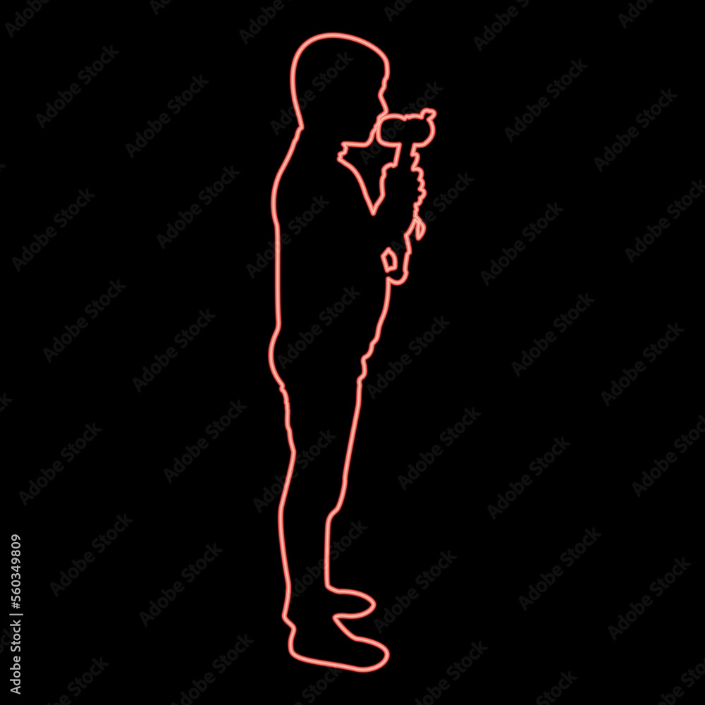 Neon boy kisses toy Child kiss giraffe Preschool Brother kissing amigurumi Son with gifts Teddy plaything presents friend for children kid red color vector illustration image flat style