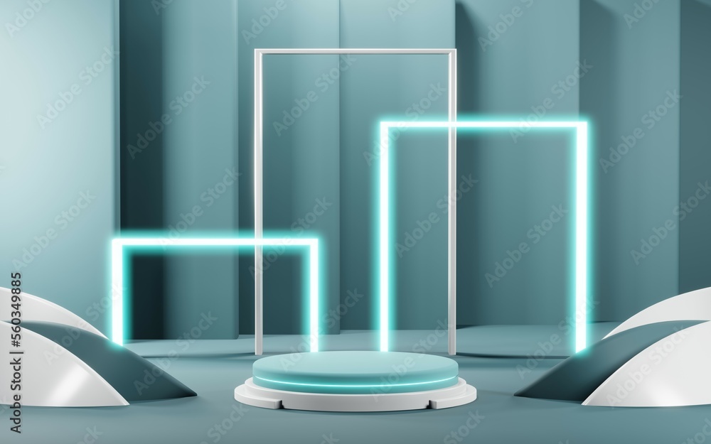 3D render of pastel template soft blue minimal podium room background for show products. Mockup background for cream cosmetics