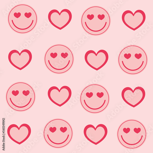 Pink girly y2k retro seamless pattern with smile emoticons and hearts. Valentines day, gift wrap, love.