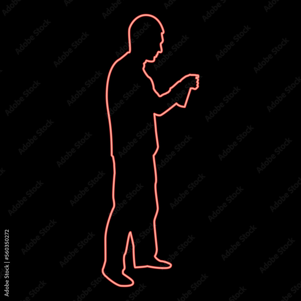 Neon man using water sprayed in up Male watering garden using hand sprinkler Holding arm special comb red color vector illustration image flat style