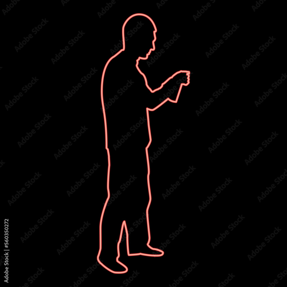 Neon man using water sprayed in up Male watering garden using hand sprinkler Holding arm special comb red color vector illustration image flat style Neon man using water sprayed in up Male watering garden using hand sprinkler Holding arm special comb red color vector illustration image flat style