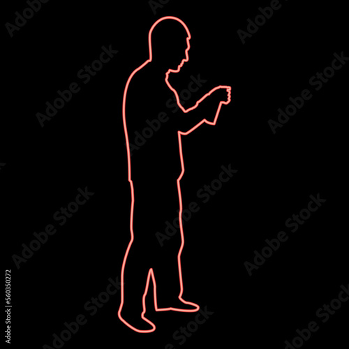 Neon man using water sprayed in up Male watering garden using hand sprinkler Holding arm special comb red color vector illustration image flat style © Serhii