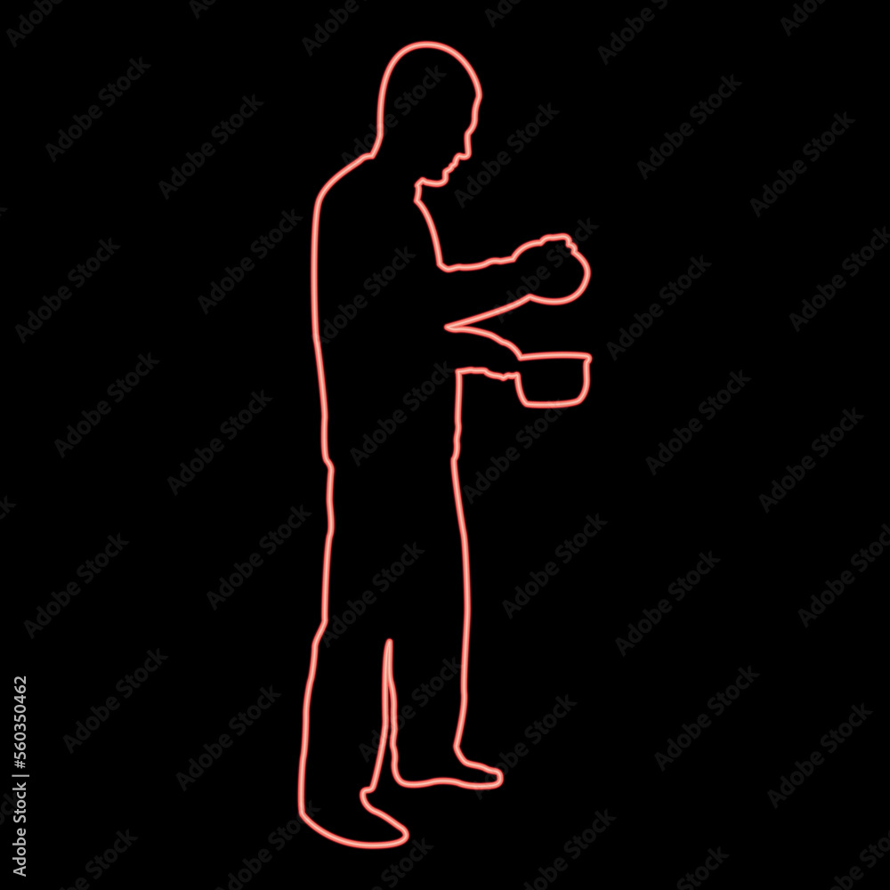Neon man with saucepan in his hands preparing food Male cooking use sauciers with open lid red color vector illustration image flat style