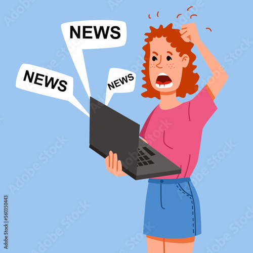 The girl reads the news on a laptop. A woman is shocked by what is happening in the world. Vector illustration in flat cartoon style.