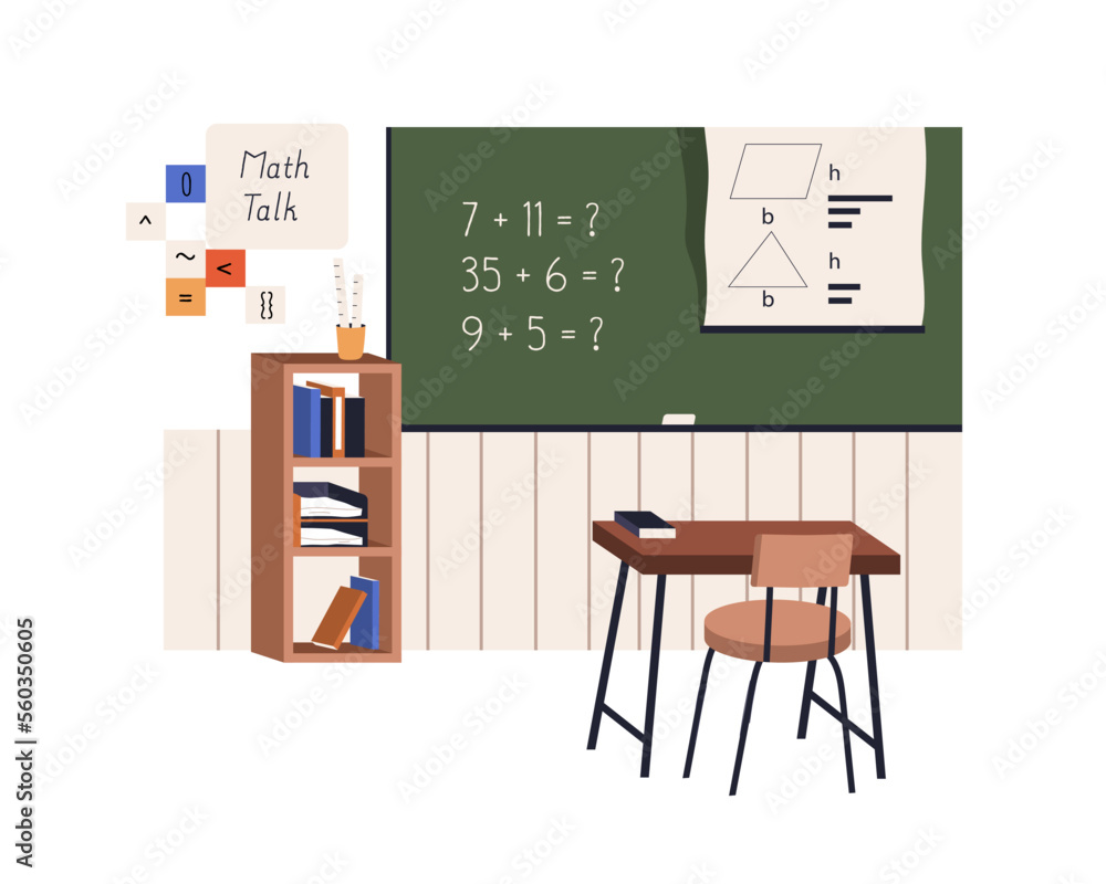 Maths classroom with blackboard, desk. Mathematics class, empty study room with chalkboard. Arithmetics and geometry in elementary school. Flat vector illustration isolated on white background Maths classroom with blackboard, desk. Mathematics class, empty study room with chalkboard. Arithmetics and geometry in elementary school. Flat vector illustration isolated on white background