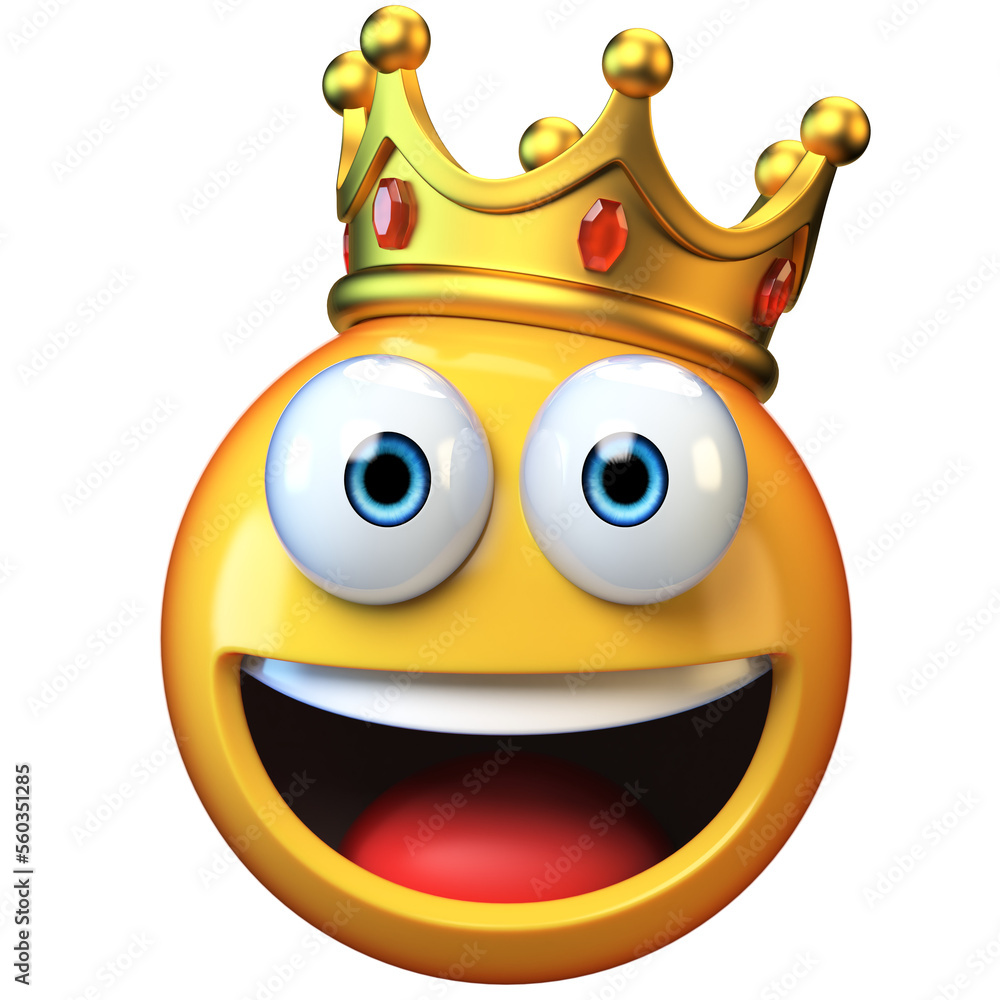 King emoji isolated on white background, emoticon wearing crown 3d