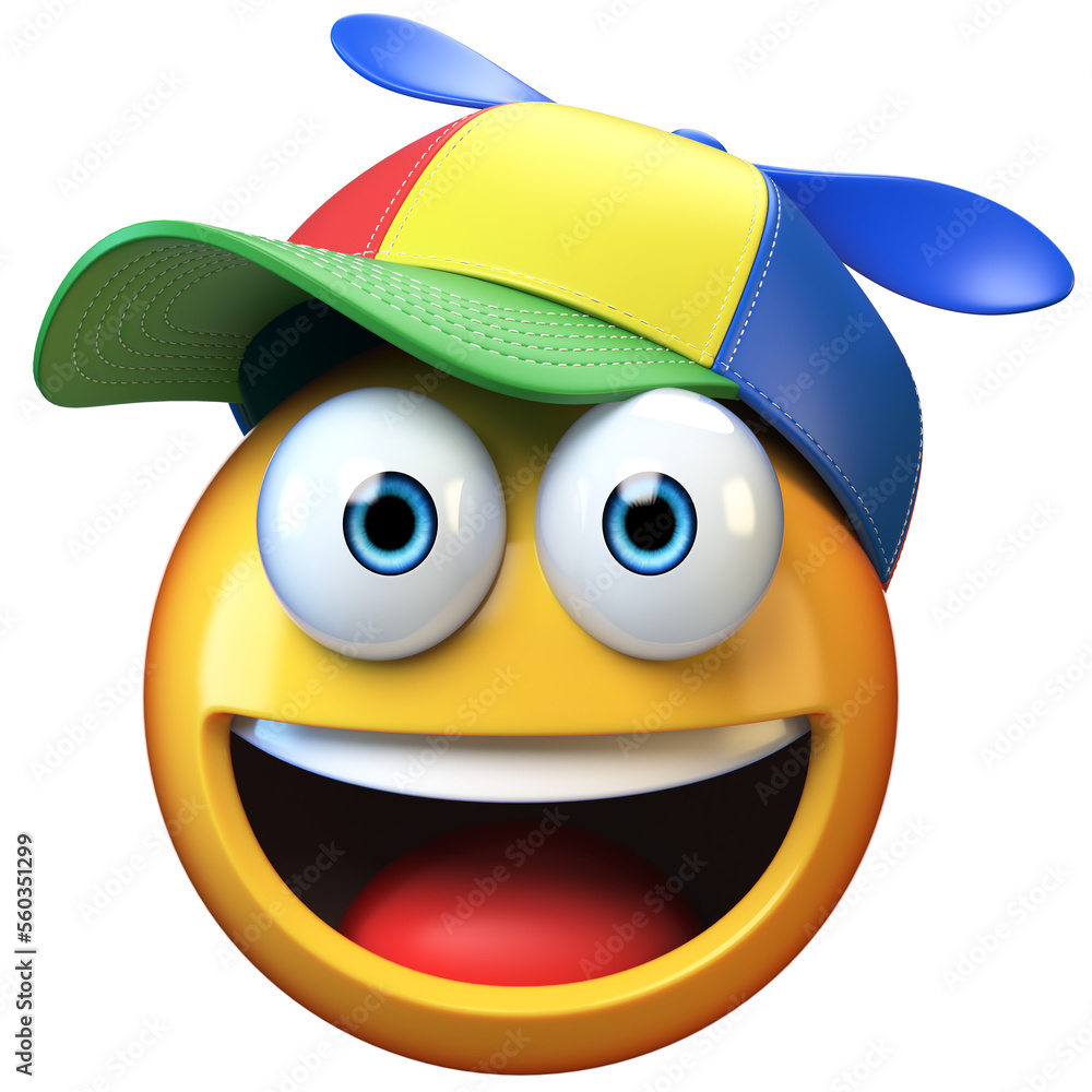 Smiling emoji wearing kid cap with propeller isolated on white