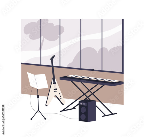 Music studio, classroom with electric guitar, synthesizer. Creative school class, empty study room interior with string and keyboard instruments. Flat vector illustration isolated on white background