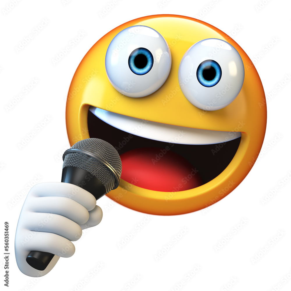Emoji holding microphone isolated on white background, emoticon singer, reporter, presenter 3d