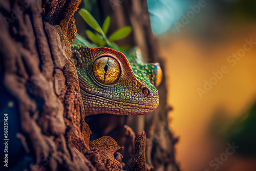 Close up of a reptile on a tree branch, set against a stunning HD natural background wallpaper photo