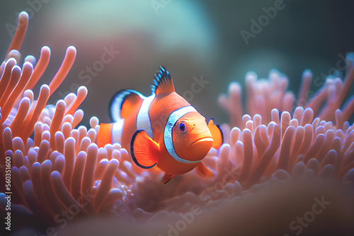 Close up of a brightly colored Clown fish swimming among the coral in aquarium tank.