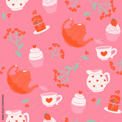 Seamless pattern of valentine s day tea party. Vector graphics.