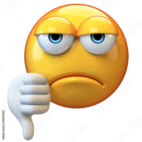 Thumb down emoji isolated on white background, emoticon giving dislikes 3d rendering