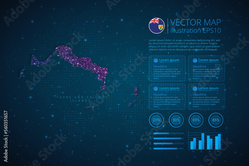 Turks and Caicos Islands map infographics template for diagram, graph, presentation and chart with abstract geometric mesh polygonal light concept on blue background. Vector Illustration EPS10.