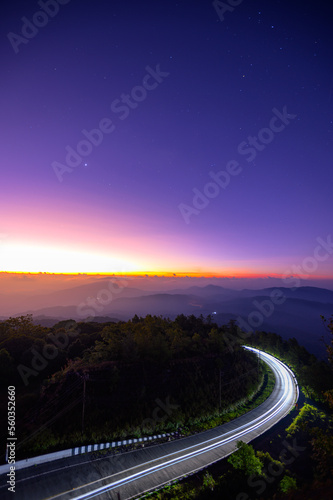 landscape of view point asphalt curved road on Doi Inthanon National park mountains at dawn 
