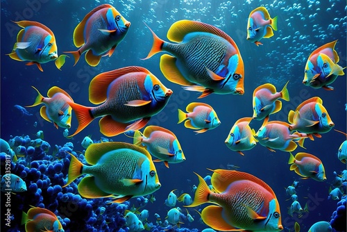  a group of fish swimming in a large aquarium filled with water and rocks, with a blue background and a yellow and orange fish in the middle of the photo, and bottom right side.