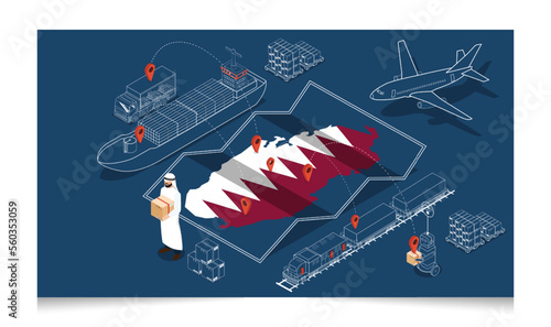 3D isometric Qatar logistics concept with Transportation operation service, Export, Import, Cargo, Air, Road, Maritime, Delivery. Vector illustration EPS 10