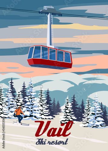 Ski Travel resort poster vintage Vail. Colorado USA winter landscape travel card
