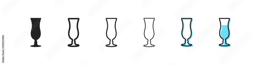 Glass set icon. Beverage, cafe, eating out, cup, mug, tea bag, hand, glass, water, hot, steam, heart, drawing on coffee Drink concept. Six vector line icon in different styles