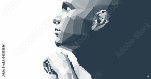 Abstract man head made from dots. Time to think. Searching for answers. Stipple effect. Pixel art. Cover design template. 3D vector illustration for banner, flyer, poster or brochure.