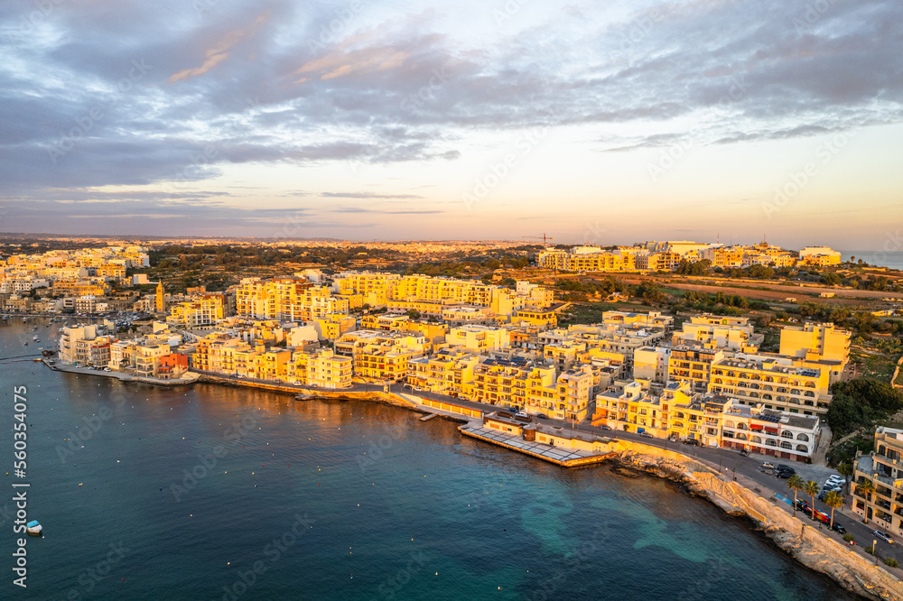 Marsaskala townscape at sunrise, Malta. Aerial drone view