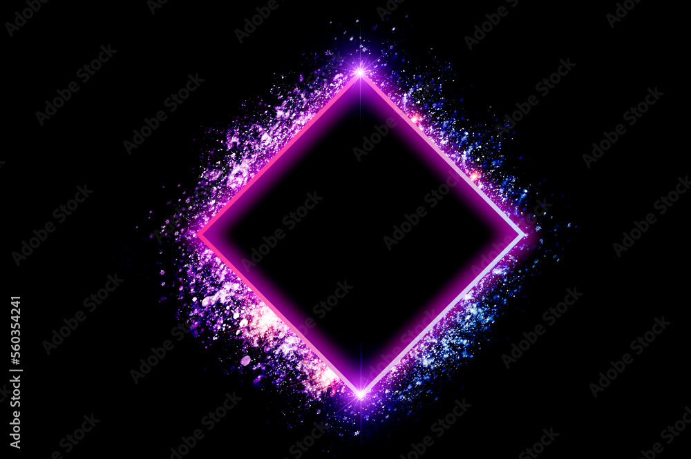 Obraz premium neon square frame is a neon light surrounded by sparkling stars.