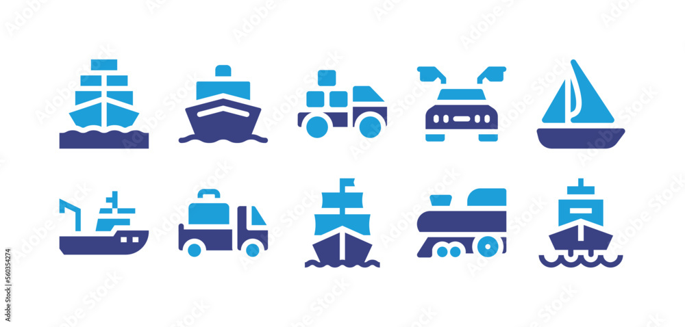 Transport icon set. Duotone color. Vector illustration. Containing freight, boat, delivery truck, car, fishing boat, luggage, ship, train.