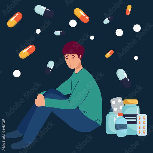 Drug addicted girl sitting on huge pill flat vector illustration. man having depression, taking hormonal pills. Depression, antidepressants concept.
