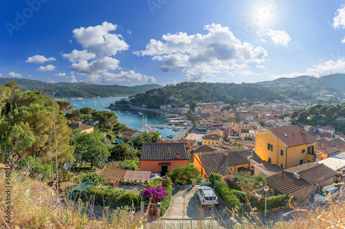 Panoramic view over Harbor and village Porto Azzurro, Elba islands, Tuscany, Italy