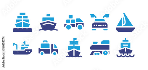 Transport icon set. Duotone color. Vector illustration. Containing freight, boat, delivery truck, car, fishing boat, luggage, ship, train.