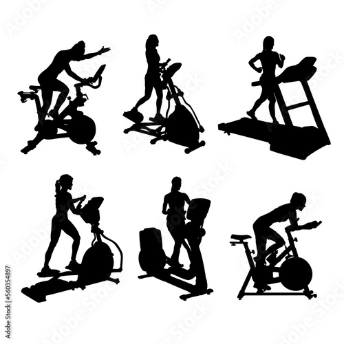 Set of silhouettes of Treadmill exercise equipment exercise machines