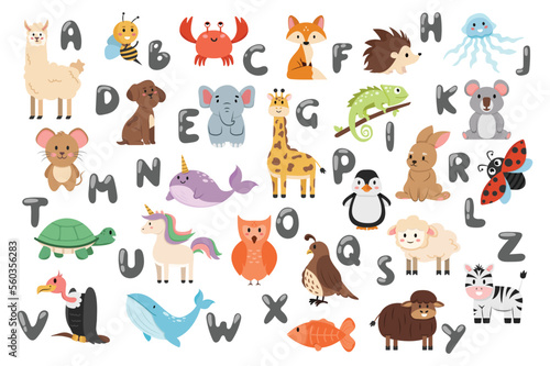 Alphabet set concept without people scene in the flat cartoon style. Image of the alphabet with different animals. Vector illustration.