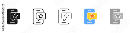 Phone with a star. Speech bubble, write comment, favourite, reaction, review, rate the service social media, feedback. Important concept. Vector five icon in different style on white background