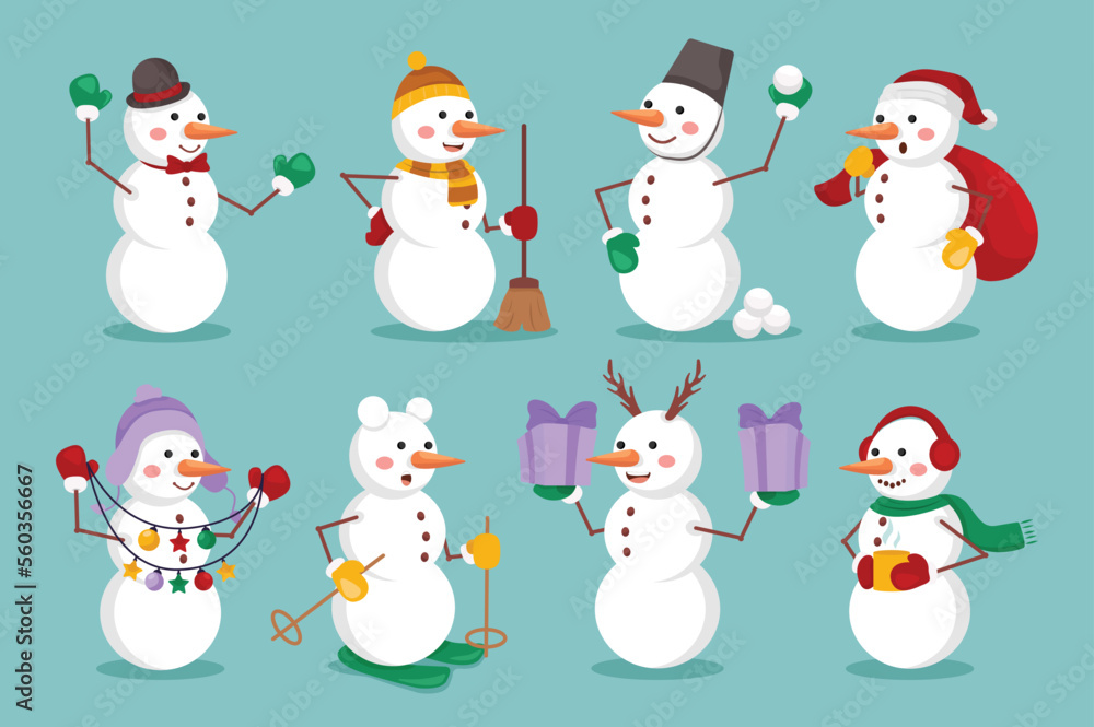 Cartoon snowman set concept without people scene in the flat cartoon style. Pictures of snowmen that children usually make in winter. Vector illustration. Cartoon snowman set concept without people scene in the flat cartoon style. Pictures of snowmen that children usually make in winter. Vector illustration.