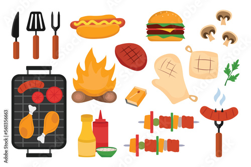 BBQ set concept without people scene in the flat cartoon design. Pictures of things you must take to a barbecue picnic. Vector illustration.