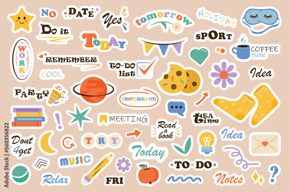 Stickers set set concept without people scene in the flat cartoon design. Image of various funny stickers on a light background. Vector illustration.