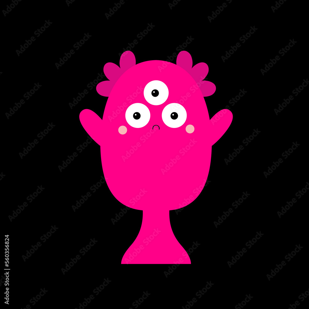 Obraz premium Happy Halloween. Monster head silhouette. Pink animal. Cute Kawaii funny cartoon baby character. Three eyes. Sad face. Boo. Sticker print. Flat design. Black background.