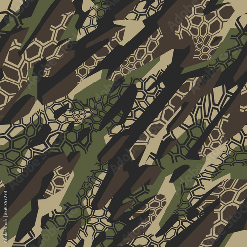 Seamless pattern with camouflage geometric trendy ornament. Abstract shapes and hexagonal grid background for fabric and fashion textile print. Grunge military camo vector texture.
