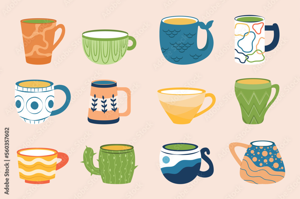 Collection of various modern cups set concept without people scene in the flat cartoon design. Images of collectible modern cups of various shapes. Vector illustration. Collection of various modern cups set concept without people scene in the flat cartoon design. Images of collectible modern cups of various shapes. Vector illustration.
