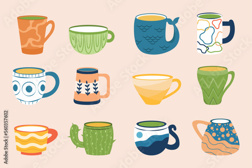Collection of various modern cups set concept without people scene in the flat cartoon design. Images of collectible modern cups of various shapes. Vector illustration.